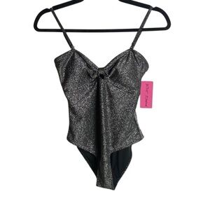 Betsey Johnson Size Small One Piece Swimsuit Metallic Grey Front Knot Sparkles